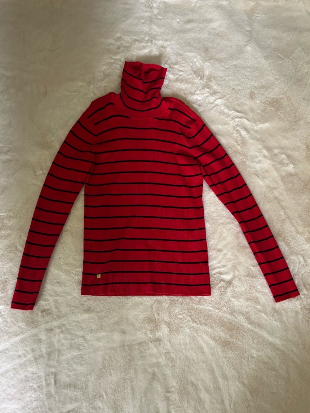 Lauren Ralph Lauren Women's XL Black and Red Striped Ribbed Turtleneck Sweater